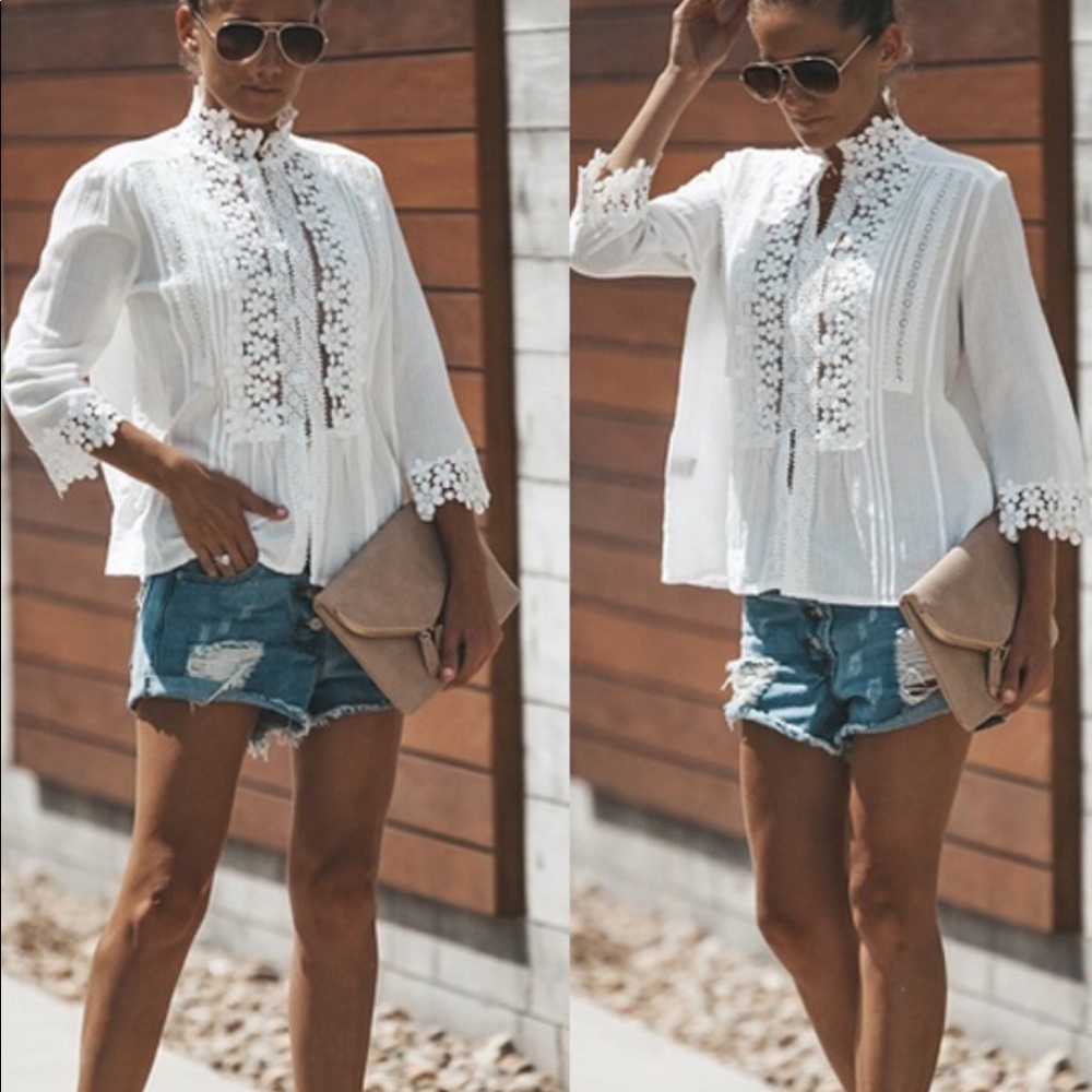 💃🏻Boho Floral Ruffle Button up lace top - Picture 7 of 14